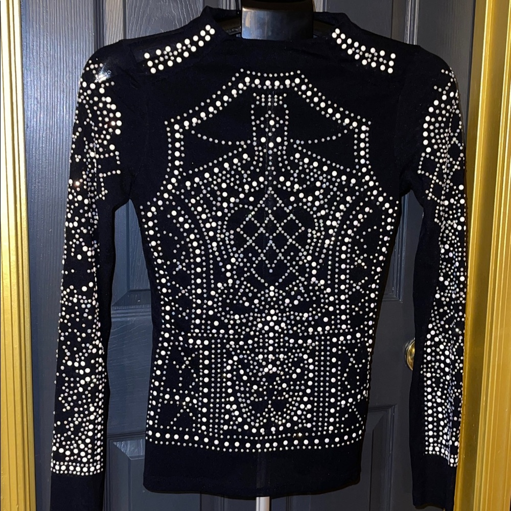 Elegant Black Top with White Iridescent Studded Design  Beautiful-Elegant